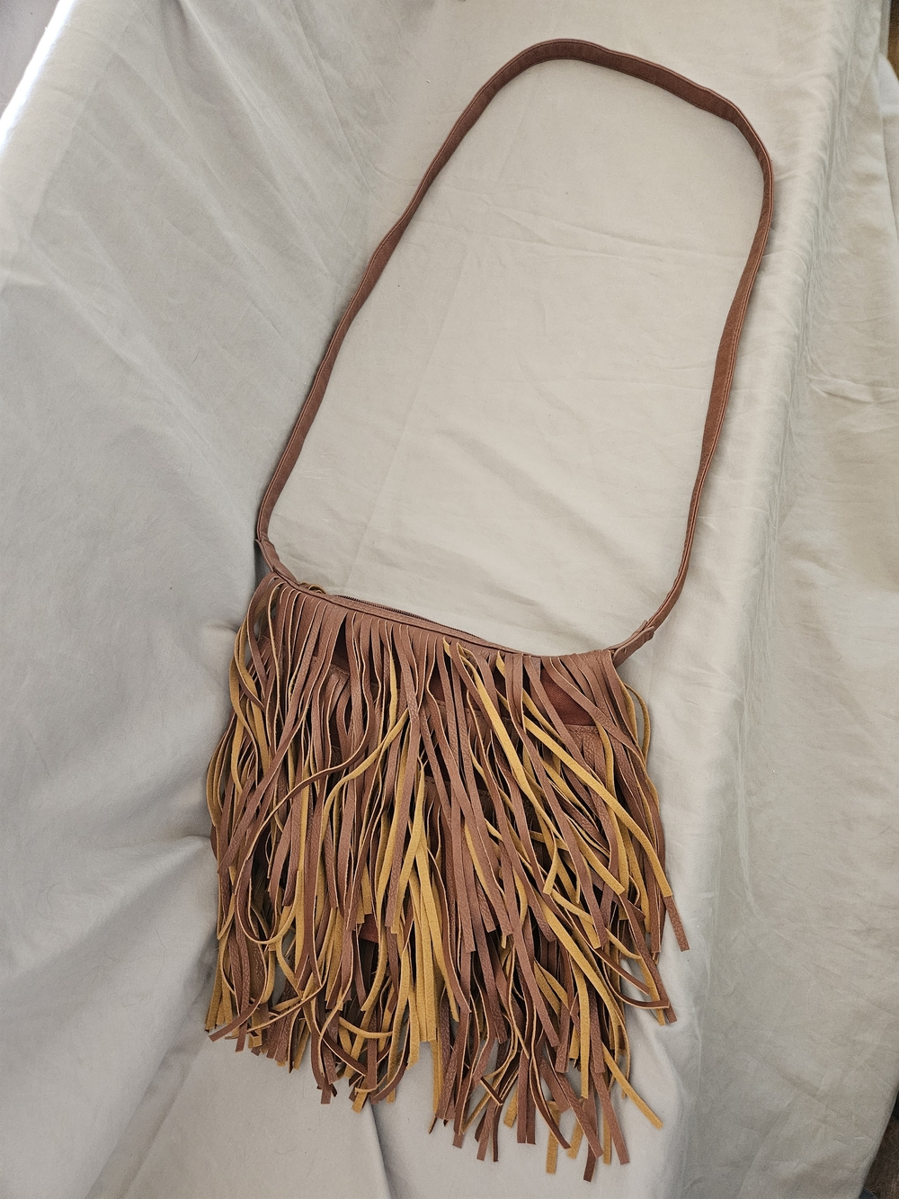 Fringed Crossbody Bag in Brown and Mustard - Unbranded